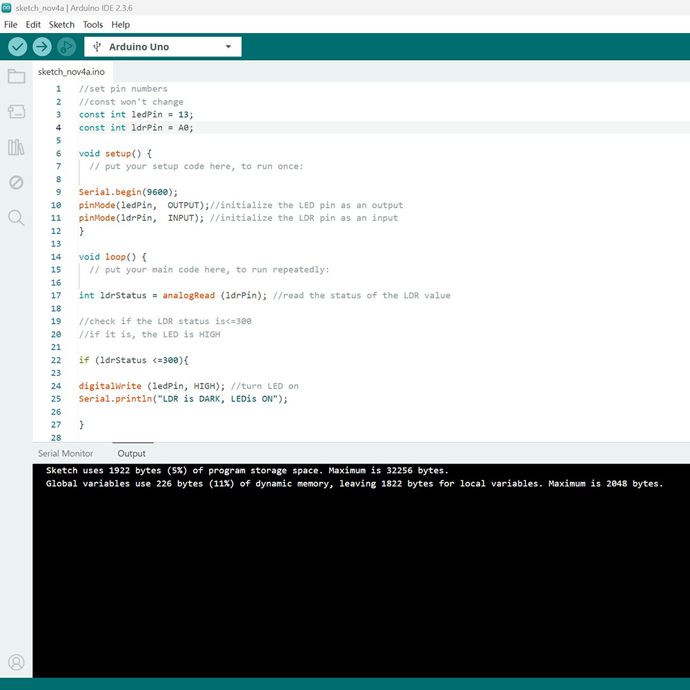 We also looked up more tutorials with Arduino and sensors, we were trying to find out why the LED is never turning on when we cover the light sensor. We were sure that light sensor, LED, and code were working well through Arduino, but we were not sure why it's never working when we are doing the testings.